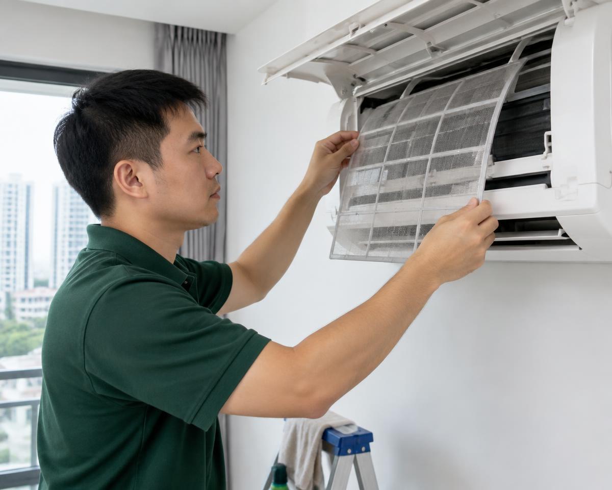 Aircon filter cleaning in a Singapore home